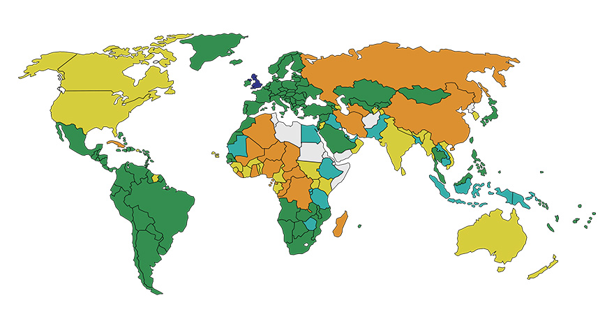 a map of the world showing visa requirements in different colours
